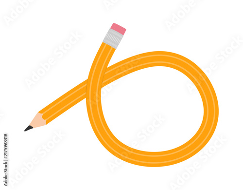 Pencil clipart, Flexible, bent and tied in loop. Yellow graphite pencil with eraser icon isolated on white background. School pen drawing, educational and writing element. Flat vector illustration