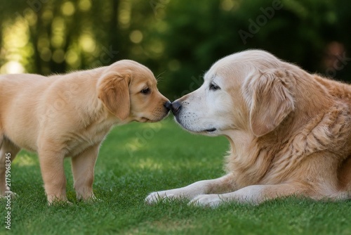 Young golden retriever puppy meeting an older golden retriever dog nose to nose