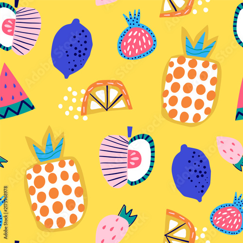 Vibrant Abstract Fruit Doodle Seamless Pattern on Yellow