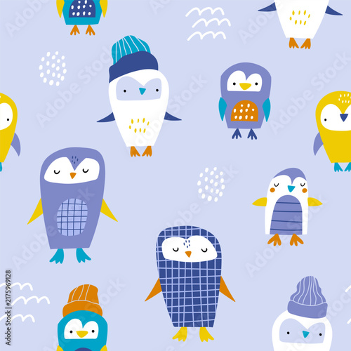 Cute Scandinavian Winter Penguin Nursery Seamless Pattern