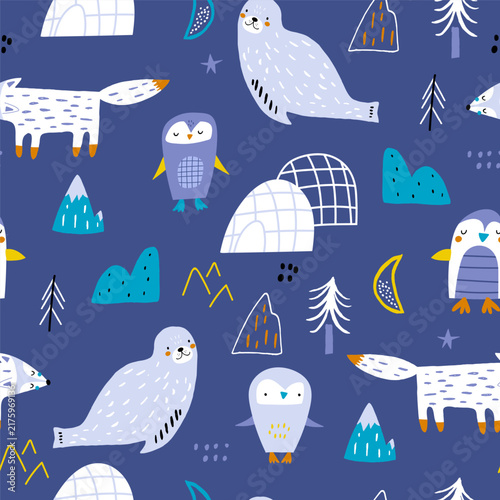 Cute Scandinavian Arctic Animal Winter Night Seamless Pattern