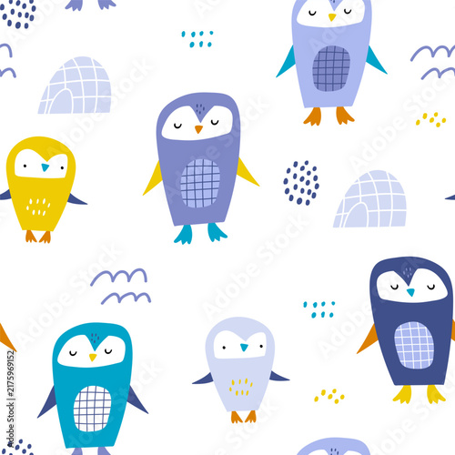 Cute Scandinavian Winter Penguin and Igloo Seamless Pattern