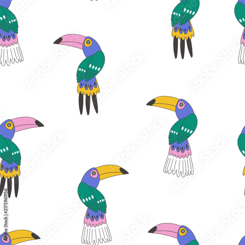 Cute Quirky Hand Drawn Outline Toucan Seamless Pattern