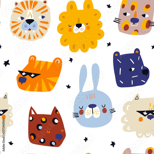 Cute Quirky Painted Animal Faces Seamless Pattern