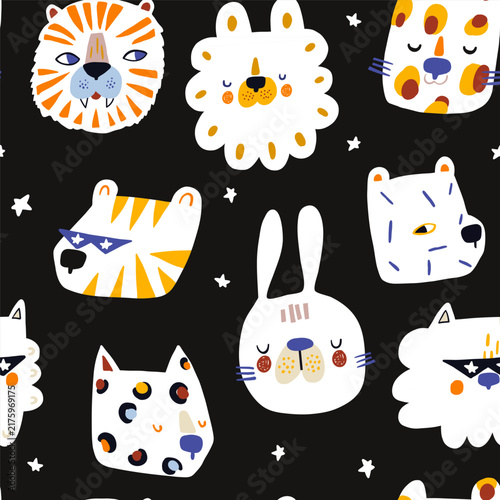 Cute Quirky Painted Animal Faces Seamless Pattern on Black