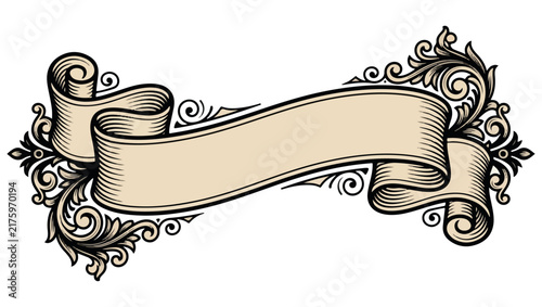 Elegant ornate scroll banner with decorative flourishes.