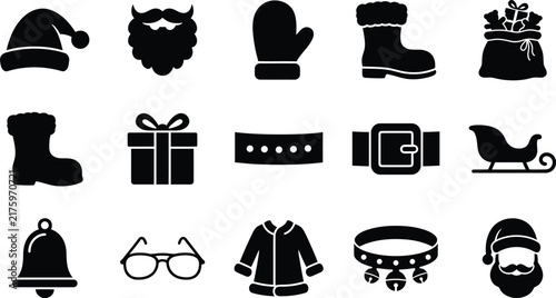 Santa claus holiday icon collection featuring flat black vector silhouettes of seasonal accessories and festive winter items for christmas design