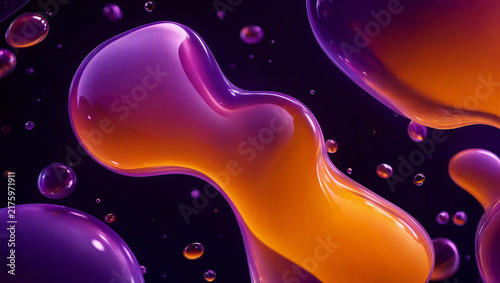 Close-up of abstract liquid blobs in purple and orange hues, resembling lava lamp effects with tiny bubbles floating around a dark background