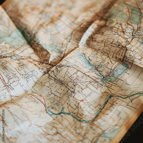 Closeup of an old folded paper map showing roads and geographical details.