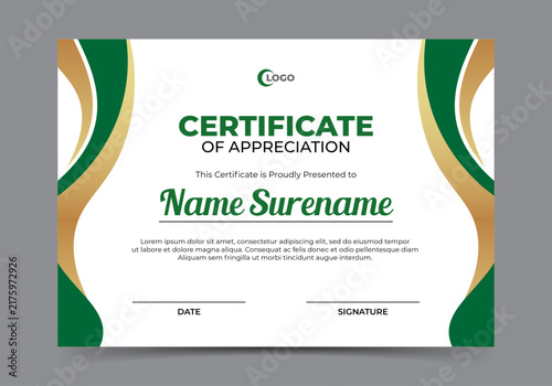 Certificate design template with green and golden shape