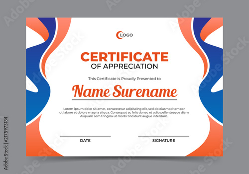 Certificate design template with blue and orange shape