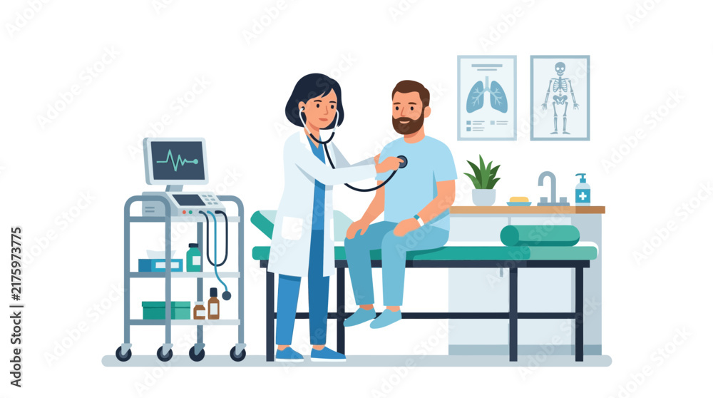 Fototapeta premium Doctor Examining Patient With Stethoscope in Medical Office