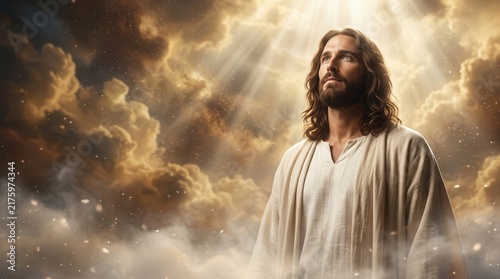 Jesus Christ, the Savior of mankind, looking up toward heaven with copy space.