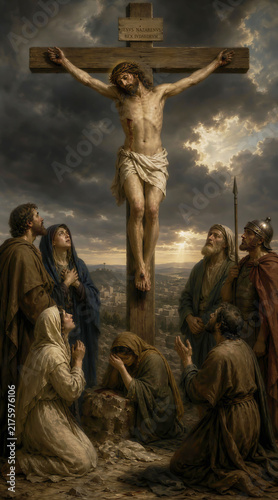 Jesus Christ Crucifixion on Cross Surrounded by Mourners.