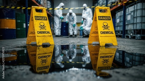 Hazardous chemical spill response in a warehouse featuring safety measures and reflective warning signs.
