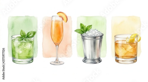Watercolor cocktail illustrations featuring Gin Basil Smash, Bellini, Mint Julep, and Penicillin with garnish.