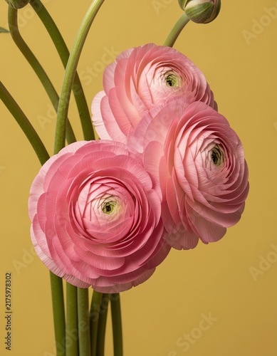 Close-up of three delicate pink ranunculus flowers with buds against a warm yellow background, a beautiful botanical composition