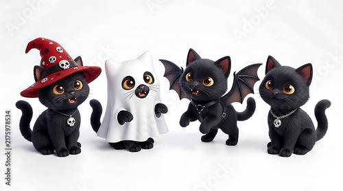 Four adorable black kittens wearing creative halloween costumes standing together against a plain white background with first kitten wears red witch hat adorned skulls