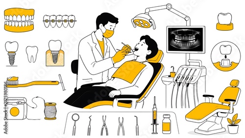Minimalist, black-and-white characters with yellow dentures, braces, implant, toothbrush, dentist, chair, xray, floss, syringe, crown and tools