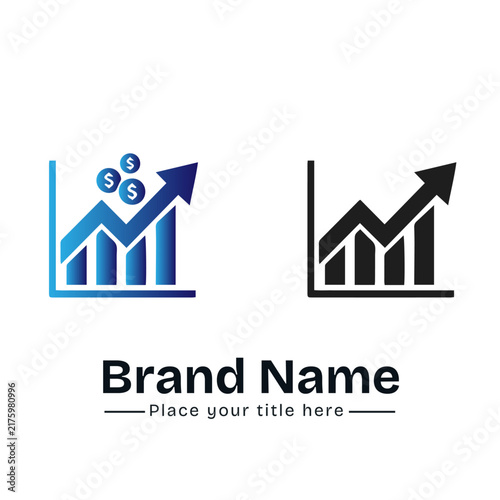 Financial Growth and Stock Market Vector Logo Template, Blue Gradient and Black Bar Chart with Upward Arrow and Dollar Coins, Revenue Increase Symbol for Business Branding