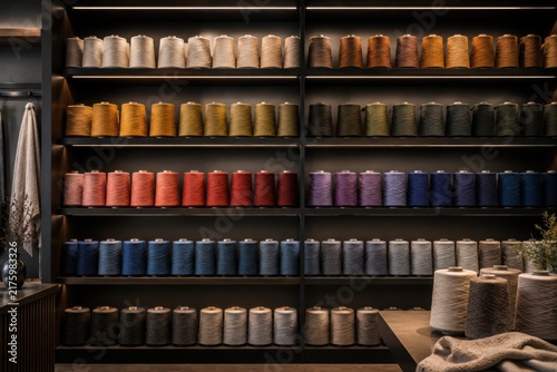 Luxury display of colorful yarn cones on illuminated black shelving. Elegant textile showroom with organized fiber collection, premium knitting supplies and sophisticated interior design.
