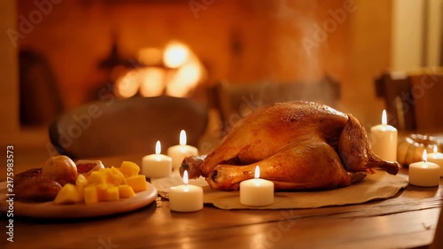 Roasted Thanksgiving Turkey on Wooden Table with Lit Candles and Cozy Fireplace Background