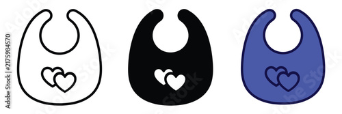Baby Bib Icon Set In Black, White And Blue Colors, Cute Infant Feeding Bib Symbol Collection With Heart Design, Isolated On White Background