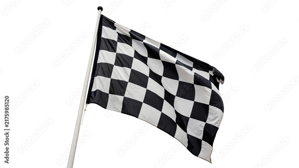 Naklejka premium Black and white checkered racing flag on a flagpole isolated on white background