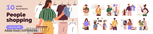 Buying in grocery store, retail shop. Characters buying. Man and woman consumers, shoppers shopping at retail store. Buyers, customers choosing. Flat cartoon vector illustrations isolated on white