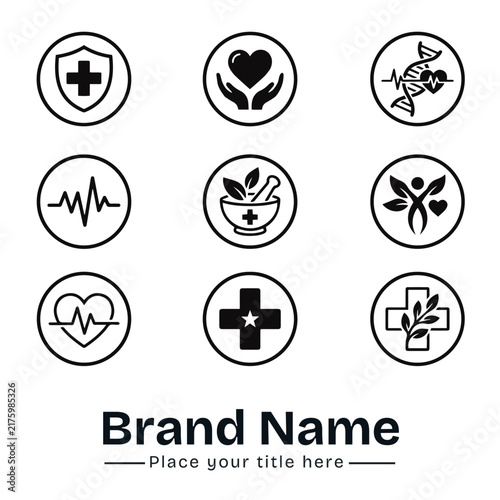 Healthcare, Wellness, and Herbal Medicine Vector Icon Set, Minimalist Black Circular Shield Cross, Caring Hands Heart, DNA Pulse, Mortar Pestle, ECG Line, and Natural Cross Symbols for Web UI