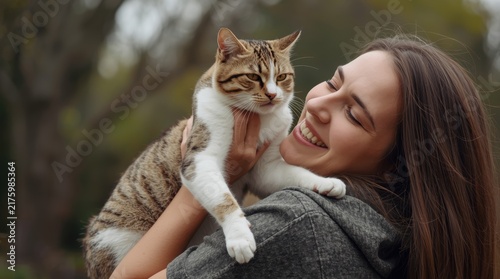 A smiling girl joyfully hugs a fluffy cat against a background of blurred greenery.