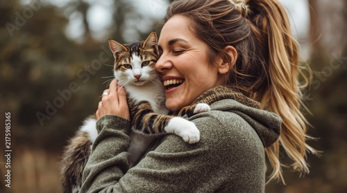 A smiling girl joyfully hugs a fluffy cat against a background of blurred greenery.