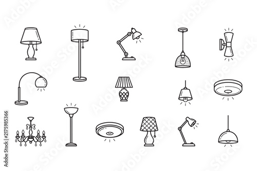 Lighting, interior lamp line icons set