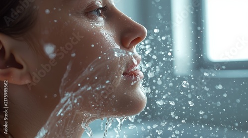 The girl washes her face, which is dynamically splashed with drops and jets of clean water.