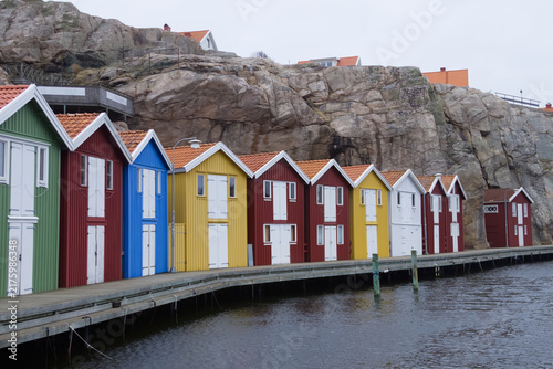 Colorful Traditional Wooden Fishing Huts in Smogen Sweden Waterfront