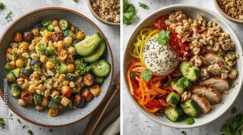 Three different options of fresh salads with vegetables, greens and the addition of fried protein, laid out on deep plates.