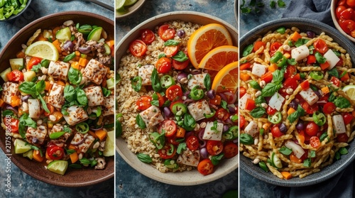 Three different options of fresh salads with vegetables, greens and the addition of fried protein, laid out on deep plates.