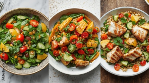 Three different options of fresh salads with vegetables, greens and the addition of fried protein, laid out on deep plates.