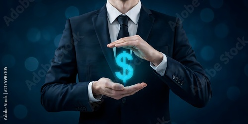 Businessman Protecting Glowing Dollar Symbol Representing Financial Security Money Management Wealth And Investment