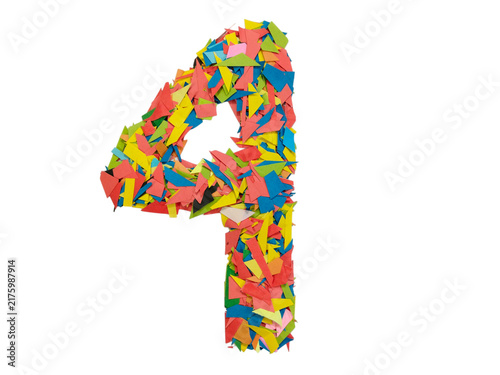 Colorful number four made of small geometric shapes isolated on white background