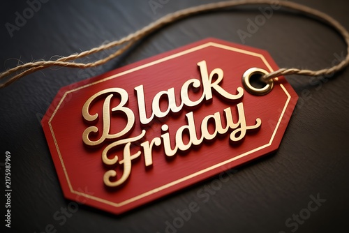 A red paper tag with the words black friday written in elegant gold lettering on a dark background