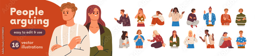 Fototapeta premium Angry characters set, persons in anger. Angry rude people argue with bad aggressive emotions. Negative annoyed sad and toxic characters in anger, stress. Flat vector illustrations isolated on white