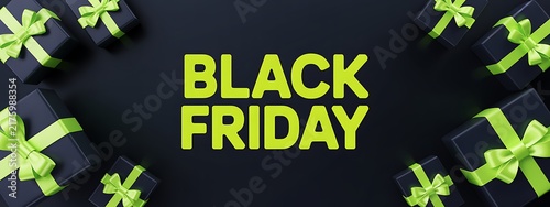 Black friday sale background with dark gift boxes and bright neon green ribbons on a black surface