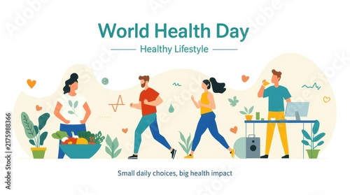 Illustration for World Health Day. Depicted are people who make a choice in favor of a healthy lifestyle by jogging, exercising properly, and maintaining water balance.