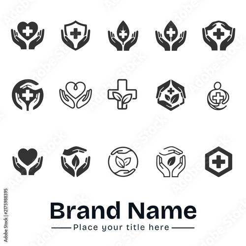 Healthcare, Care Hands, and Medical Protection Vector Icon Set, Minimalist Black Hands Holding Heart, Shield Cross, Leaf, Charity, Wellness, and Life Insurance Symbols for Web UI