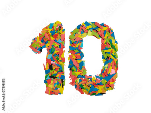 Colorful number ten made of small shapes isolated isolated on white background