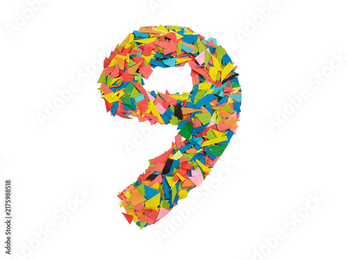 Colorful abstract number nine design with confetti pattern isolated on white background