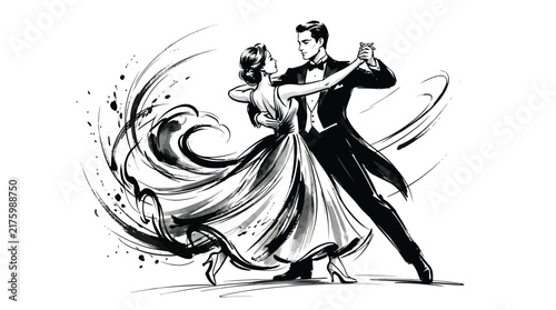 Elegant ballroom couple dancing vector illustration in black and white sketch style with dynamic motion lines and flowing dress