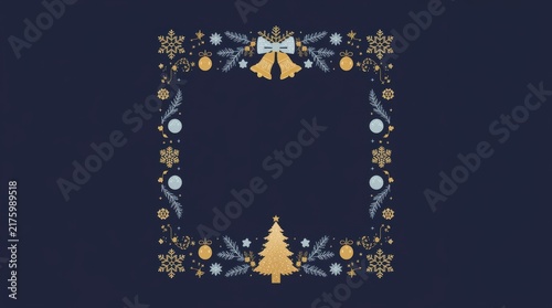 Festive Christmas frame on a dark blue background, decorated with golden branches, snowflakes, Christmas tree layers and a silhouette of a Christmas tree with a Christmas star below.