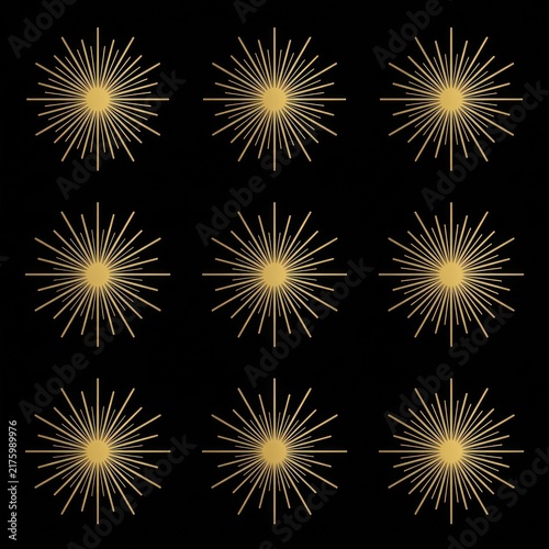 Abstract-celestial-starbursts-in-metallic-gold--intricate-radial-line-patterns--varying-lengths-and-thicknesses--isolated-on-pure-black--luxurious-contemporary-design
